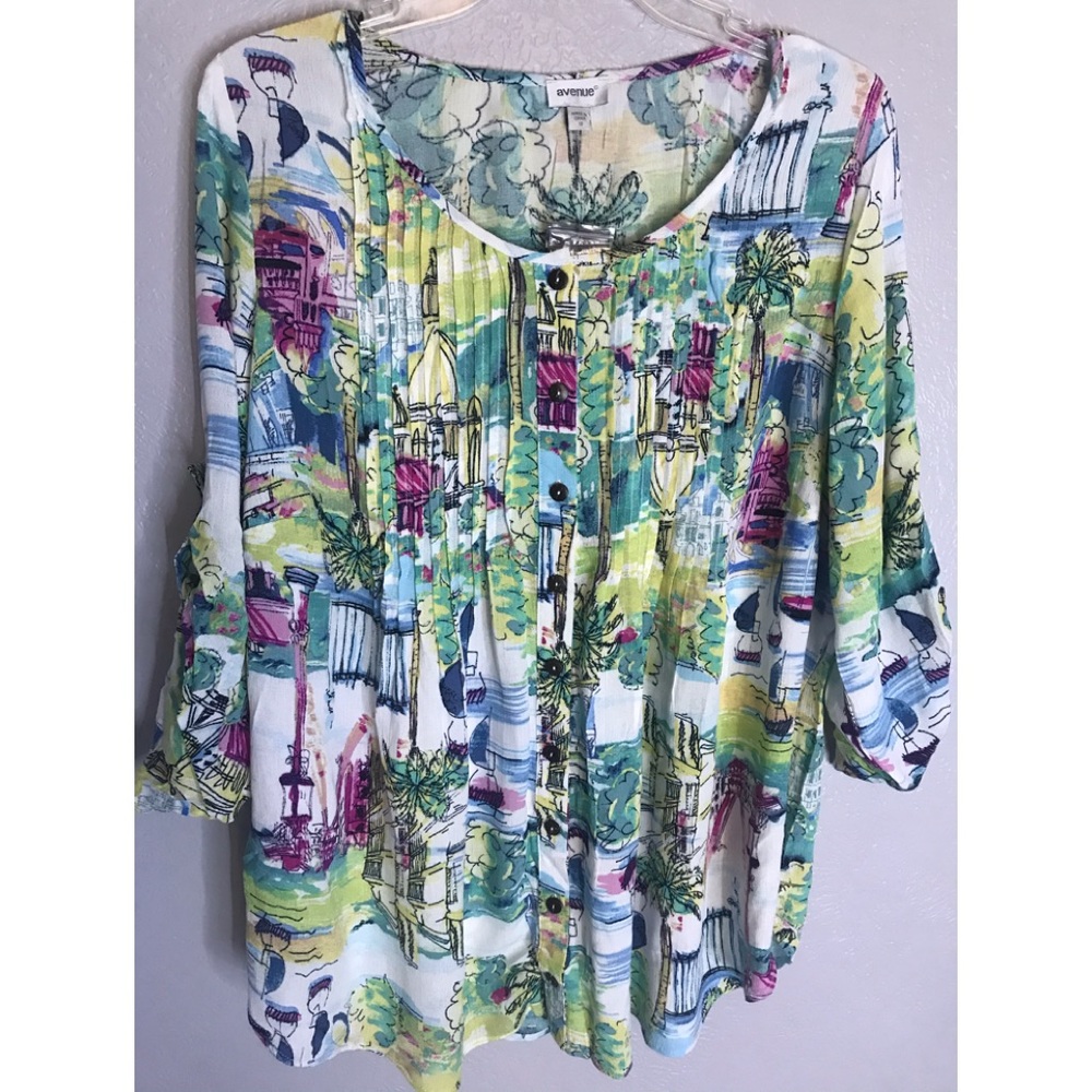 NWT Avenue Women's Multicolor Pleated Button-Front Tunic Top - Green Print 18